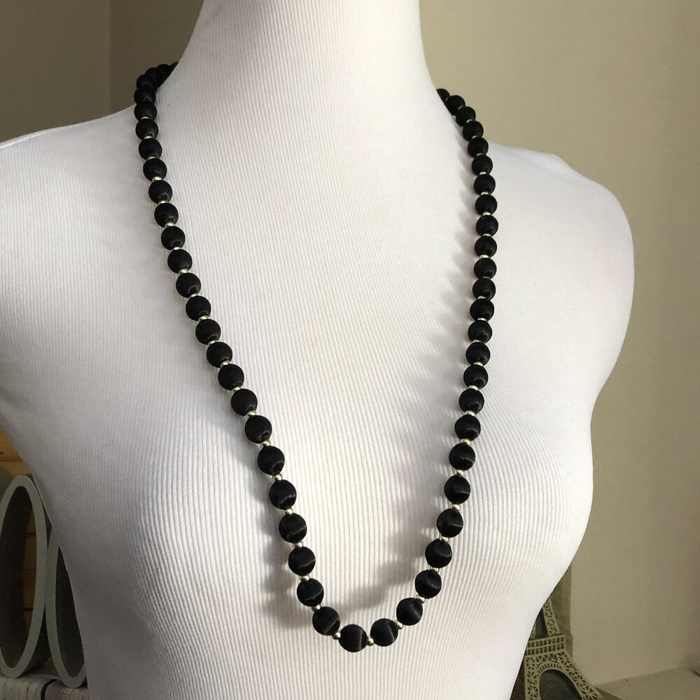 Vintage Black Satiny Thread Beaded Necklace